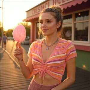 Sugar Thrillz Multi‑Color Striped Fluffy Crop Top w/ Plunge Neck & Tie – L